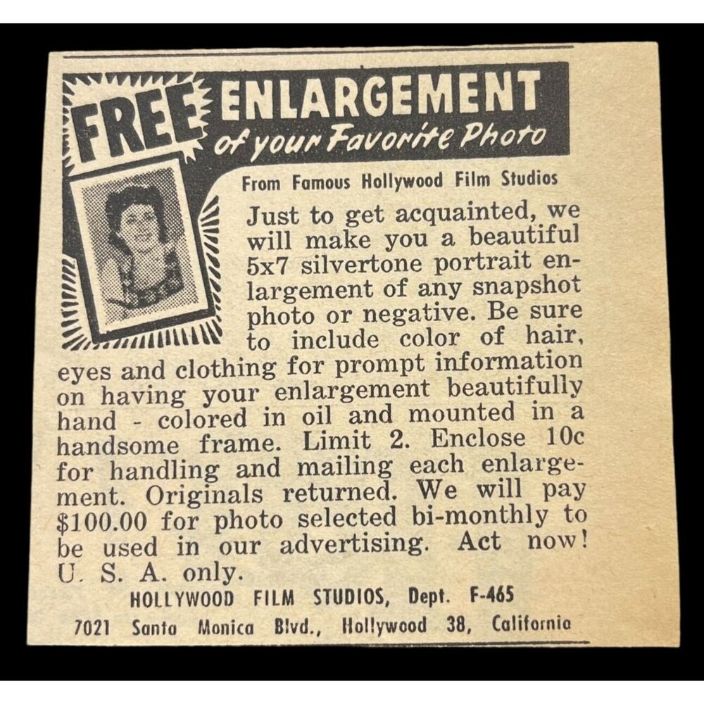 Hollywood Film Studios Photo Enlargements Mini Print Ad Vintage 1950s Silvertone